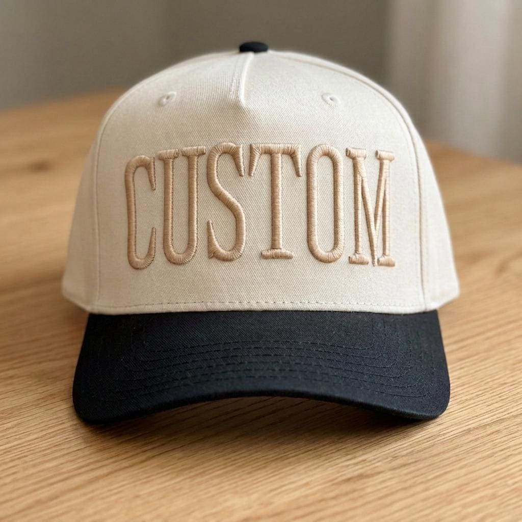 Two-tone cream and black hat with embroidered CUSTOM lettering