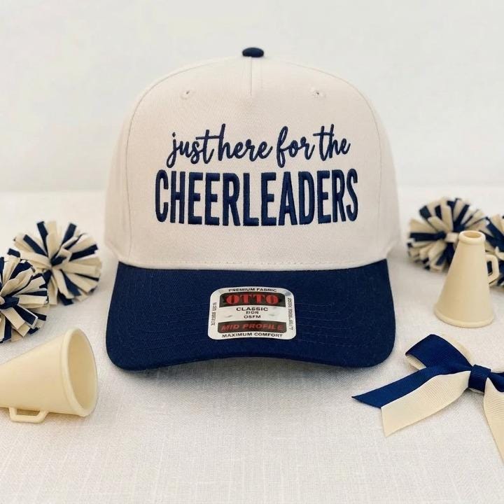 Cream and navy cheer hat with cheerleader message
