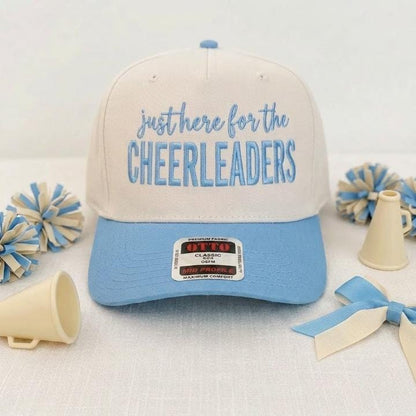 Cream and light blue cheer hat with Just Here for the Cheerleaders design