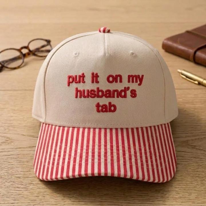 Front view of funny khaki baseball cap with red-and-white striped brim
