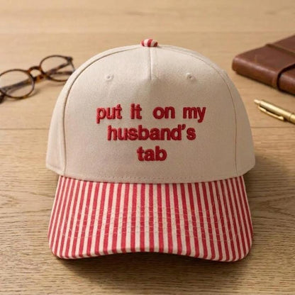 Front view of funny khaki baseball cap with red-and-white striped brim