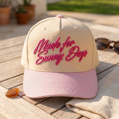 Cream embroidered hat with pink brim and Made for Sunny Days lettering