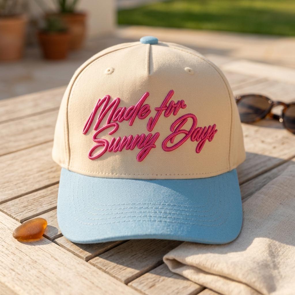 Cream summer hat with blue brim and pink script embroidery