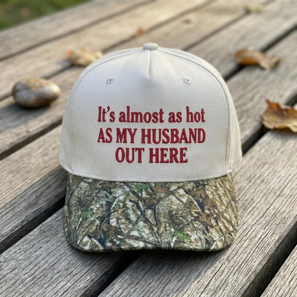 Funny embroidered hat with red text reading “It’s almost as hot as my husband out here” and a camouflage bill