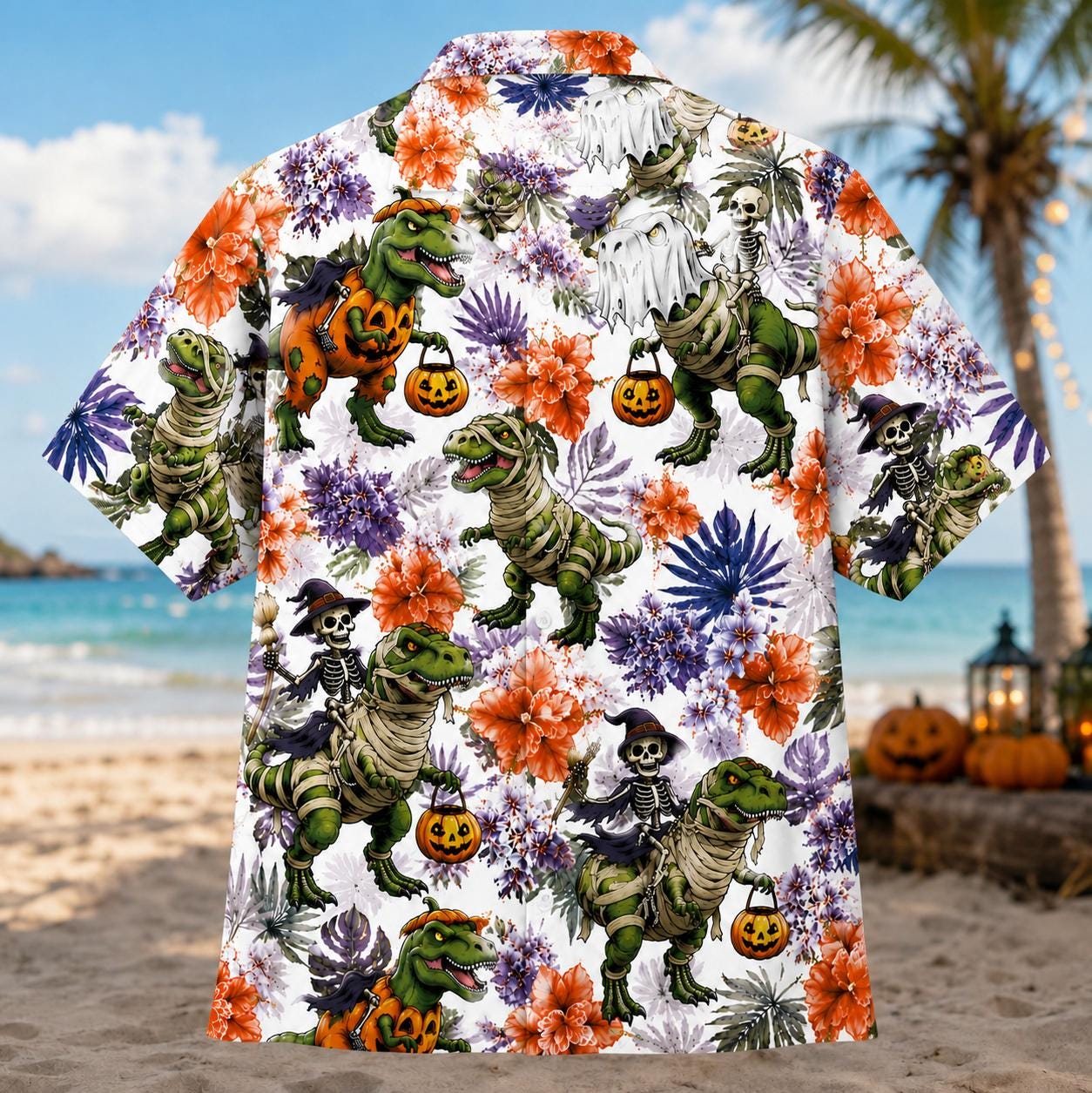 Back view of a tropical Halloween shirt featuring dinosaur skeletons, pumpkins, and flowers