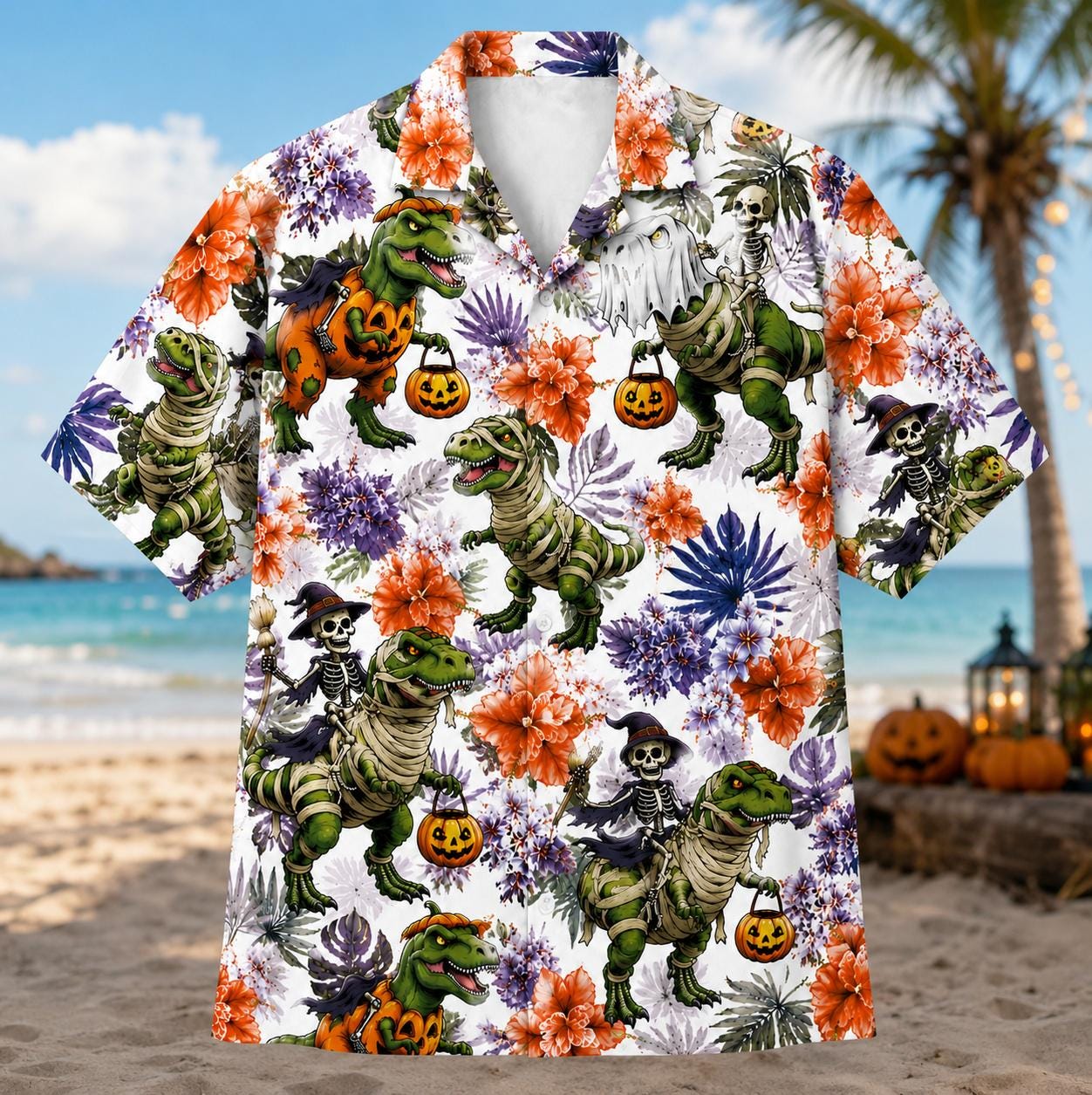 Front view of a white Hawaiian shirt covered in dinosaurs, skeletons, pumpkins, and colorful flowers