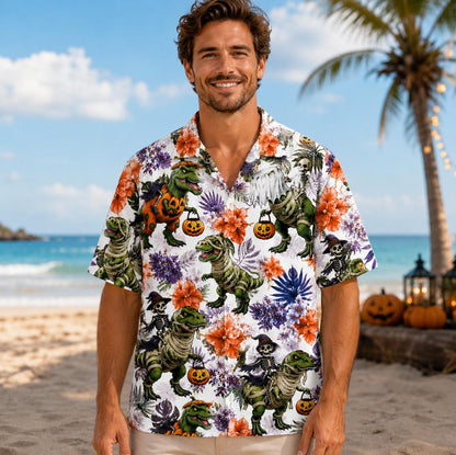 Model wearing a colorful Halloween dinosaur Hawaiian shirt on a tropical beach