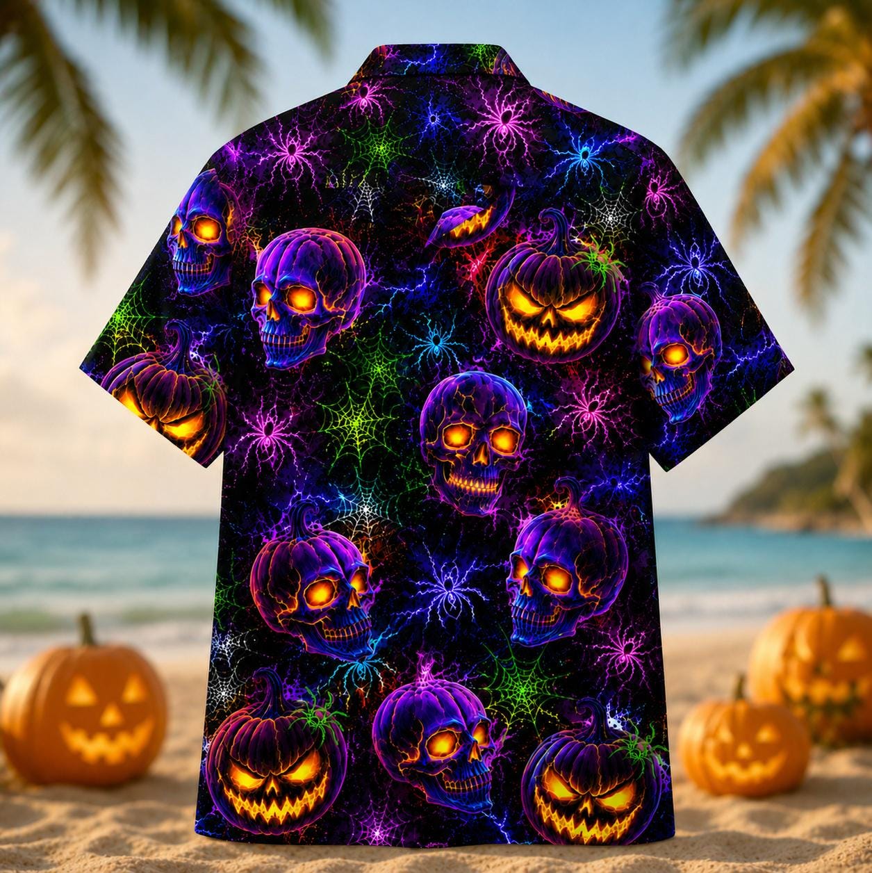 Back view of a colorful Hawaiian shirt with purple skulls, jack-o'-lanterns, and spiderwebs