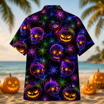 Back view of a colorful Hawaiian shirt with purple skulls, jack-o'-lanterns, and spiderwebs