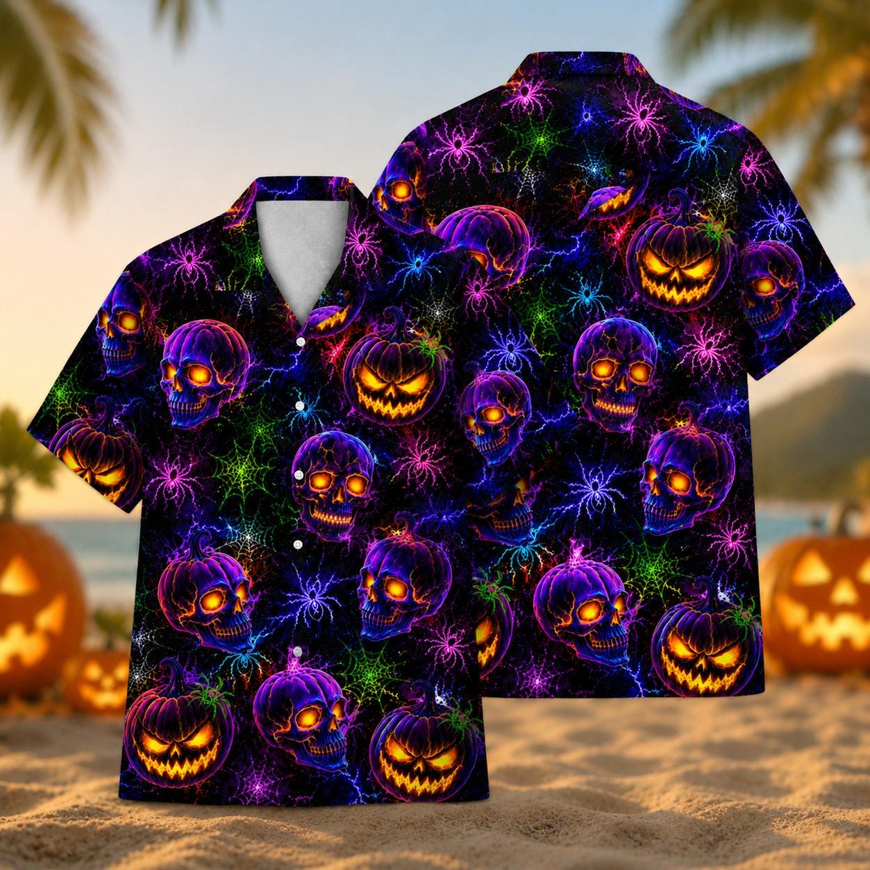 Front view of a Halloween Hawaiian shirt covered in purple skulls, glowing pumpkins, and colorful spiderwebs