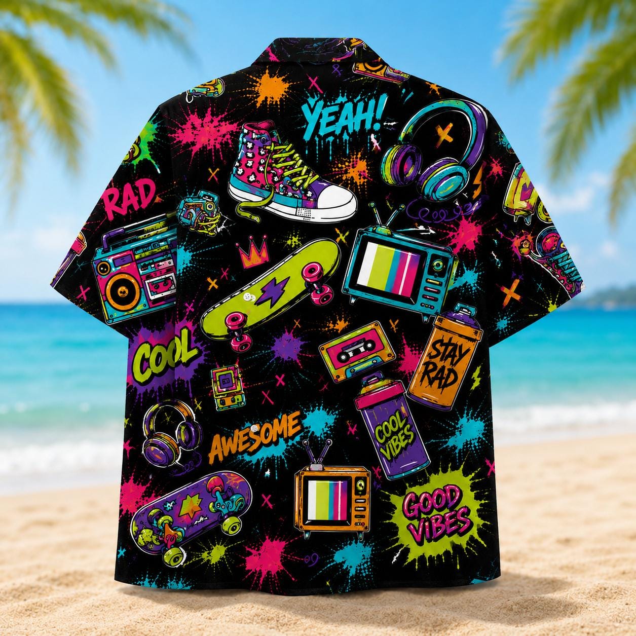 Back view of a black Hawaiian shirt covered in neon-inspired skateboards, headphones, cassette tapes and vintage televisions