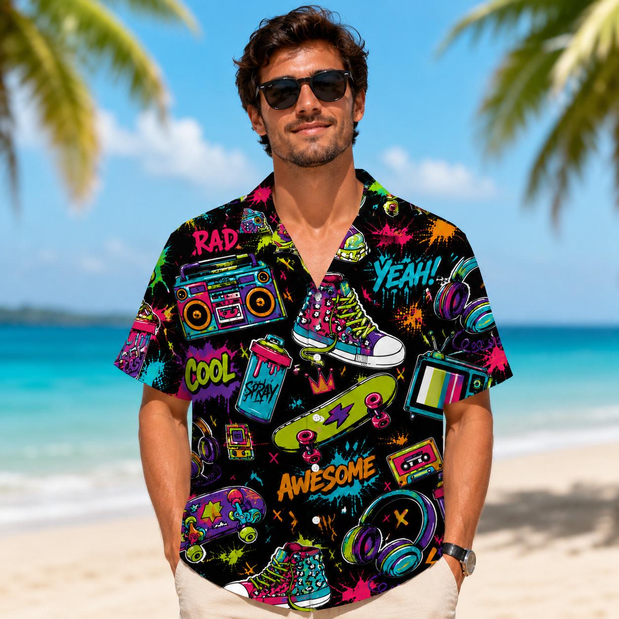 Model wearing a colorful retro skateboard and music-themed Hawaiian shirt on a beach