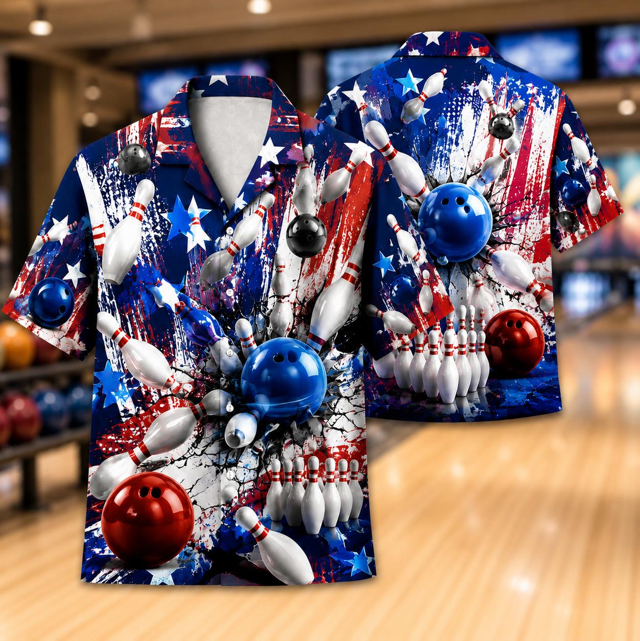 Front and back view of a colorful bowling Hawaiian shirt with pins, bowling balls, stars, and red white and blue graphics