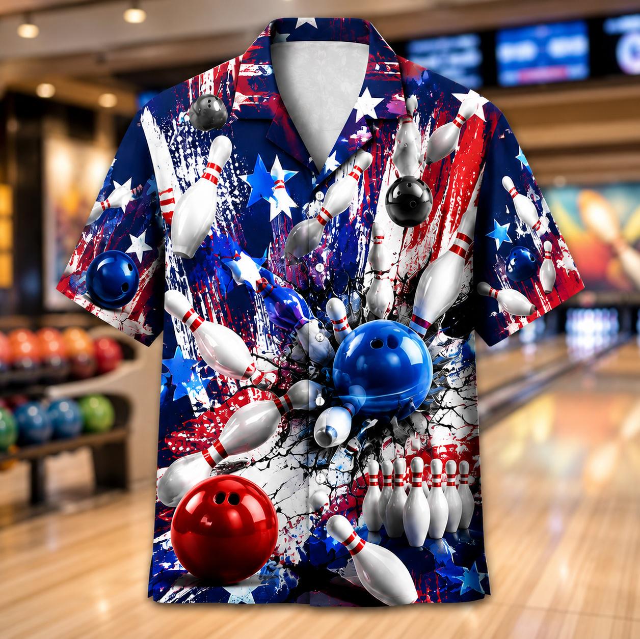 Front view of a short-sleeve bowling Hawaiian shirt featuring colorful pins and bowling balls