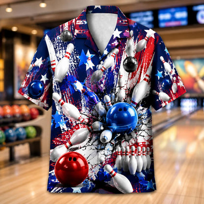Front view of a short-sleeve bowling Hawaiian shirt featuring colorful pins and bowling balls