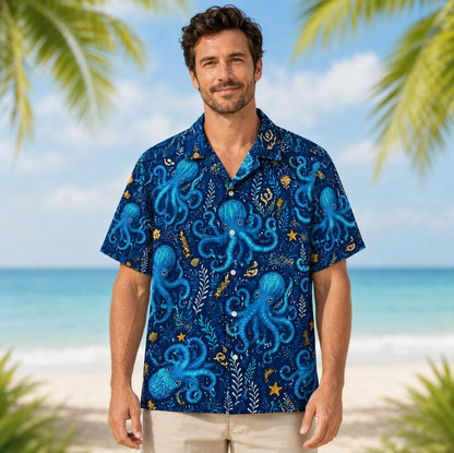 Man modeling the blue octopus Hawaiian shirt on a sunny beach