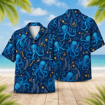 Blue octopus Hawaiian shirt shown from the front beside a matching back view on a tropical beach background