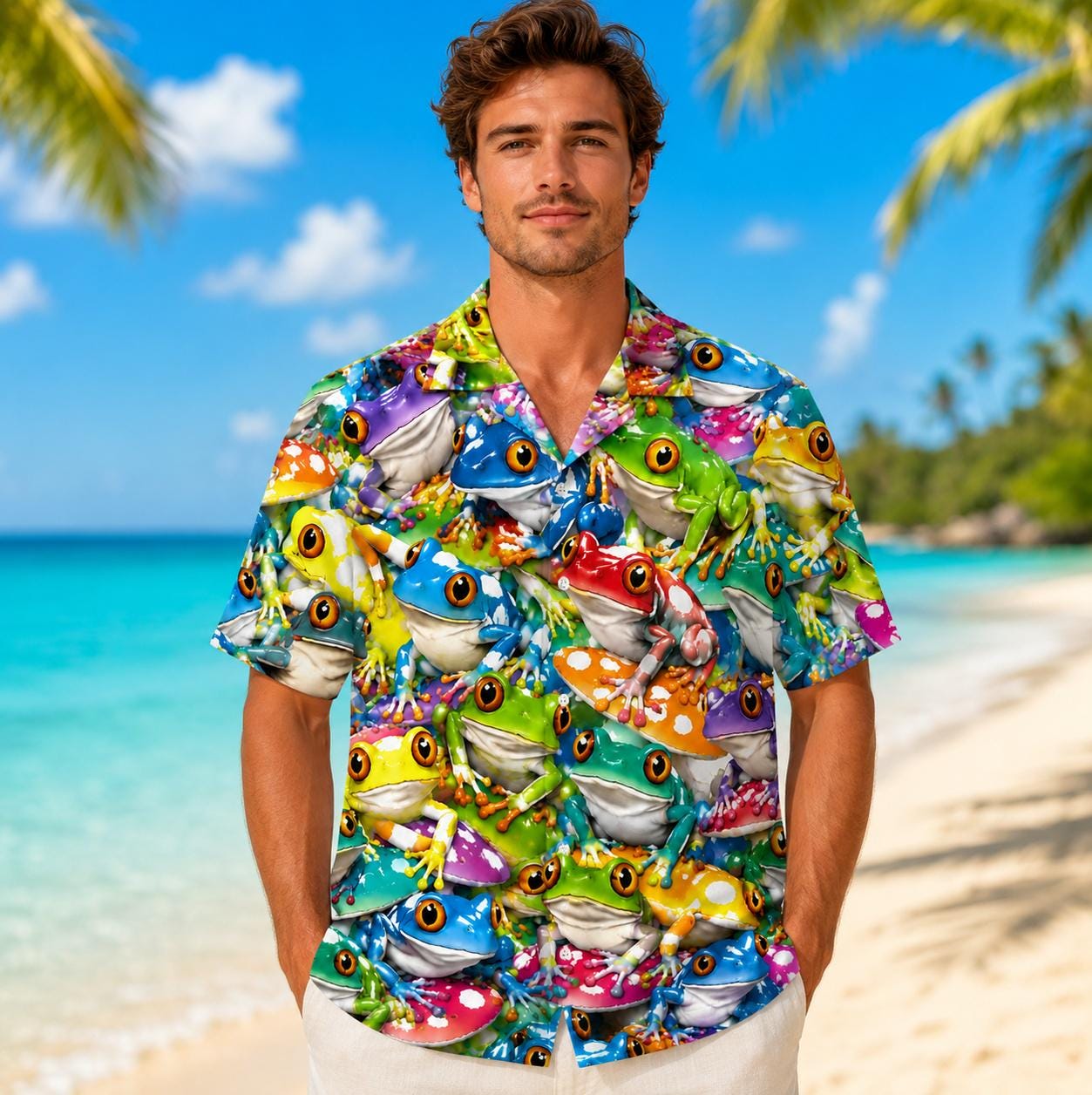 Model wearing a colorful frog print Hawaiian shirt on a sunny beach