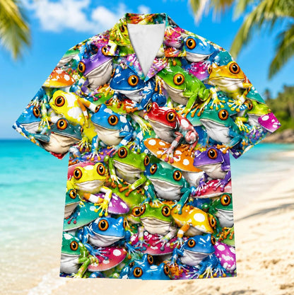 Front view of a colorful short-sleeve Hawaiian shirt covered in blue, green, yellow, orange, and purple frogs
