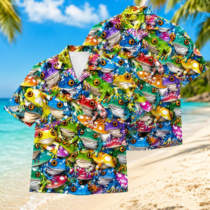 Colorful frog Hawaiian shirt shown in multiple views against a tropical beach background