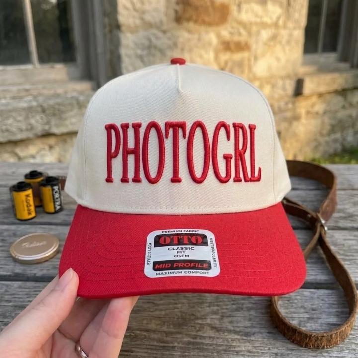 Two-tone cream and red PHOTOGRL embroidered trucker hat