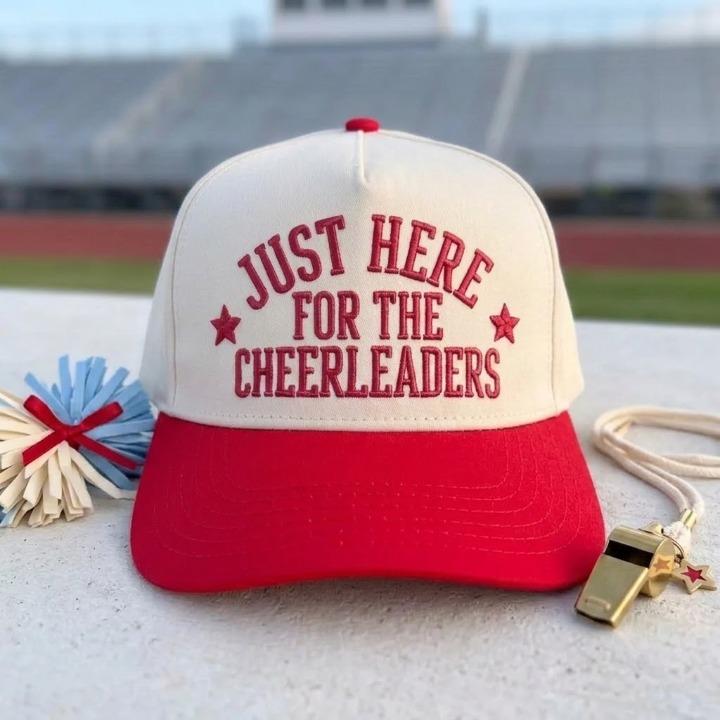 Cheerleader supporter cap with red brim and embroidered message