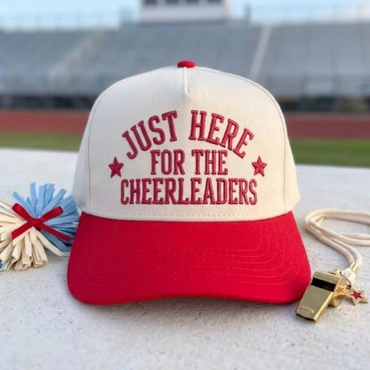 Cheerleader supporter cap with red brim and embroidered message