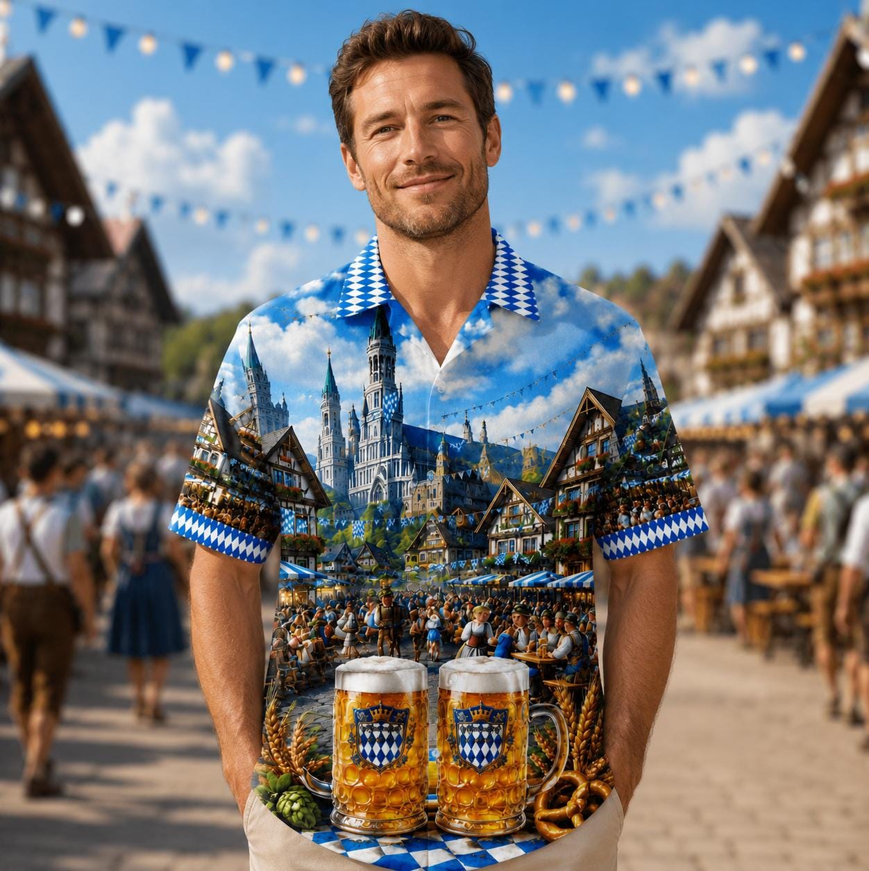 Model wearing a colorful Bavarian beer festival Hawaiian shirt in an outdoor village setting