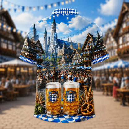 Hawaiian shirt front featuring festival crowds, alpine architecture, pretzels, and foaming beer mugs