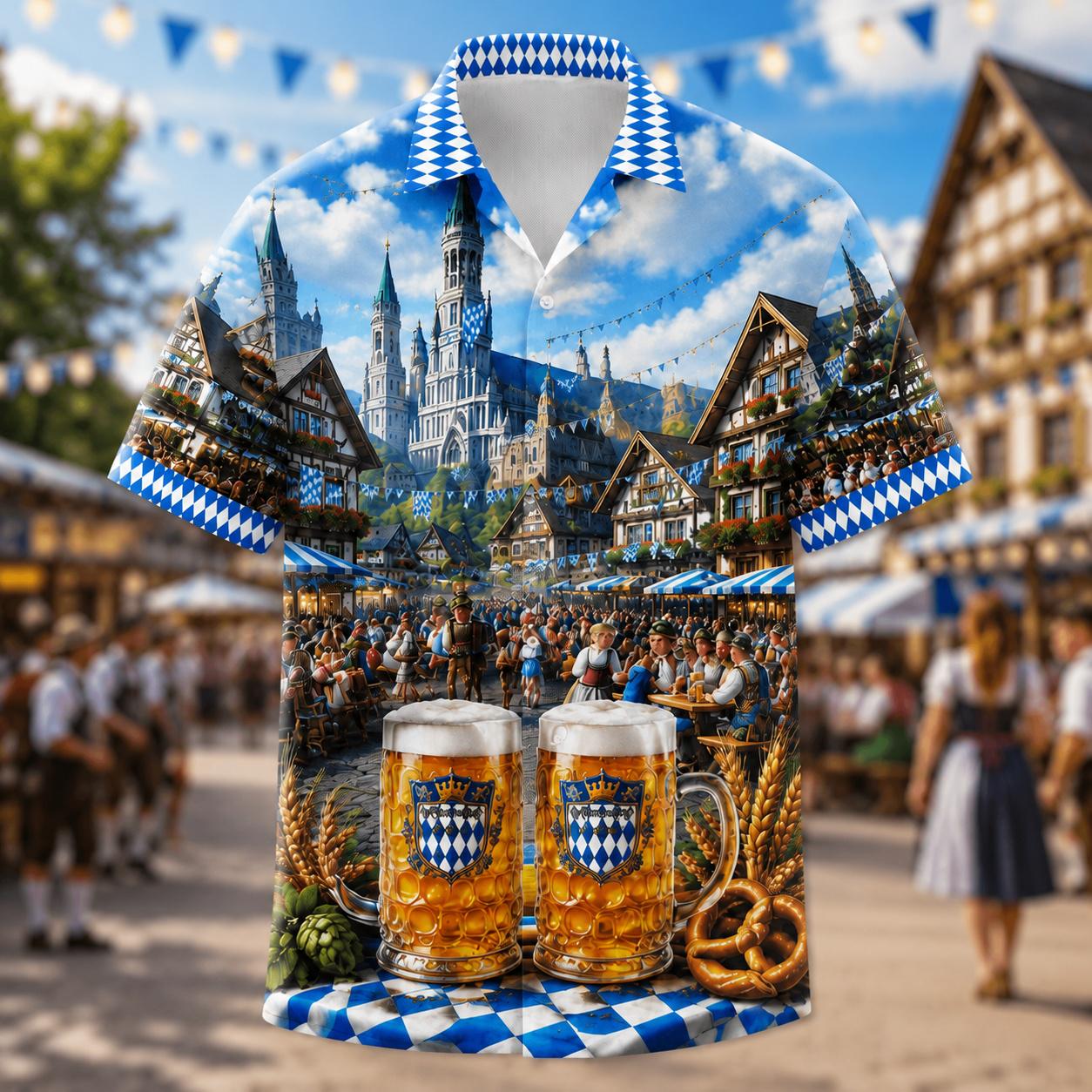 Front view of a Bavarian-inspired Hawaiian shirt with mountain village scenery and beer steins