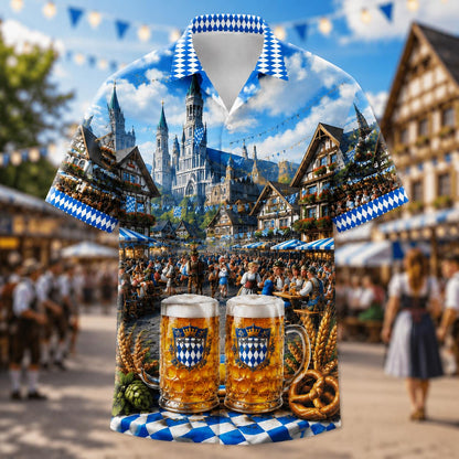 Front view of a Bavarian-inspired Hawaiian shirt with mountain village scenery and beer steins