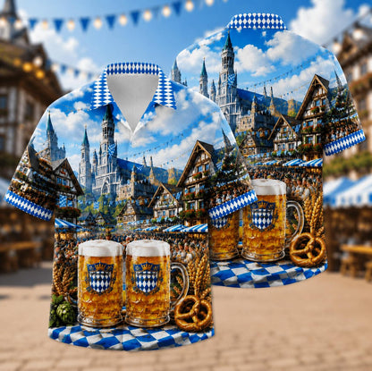 Two views of a colorful Hawaiian shirt featuring an alpine village, beer steins, pretzels, and blue-and-white diamond accents