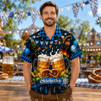 Model wearing the dark blue Oktoberfest Hawaiian shirt with beer mugs, pretzels and colorful beer festival artwork