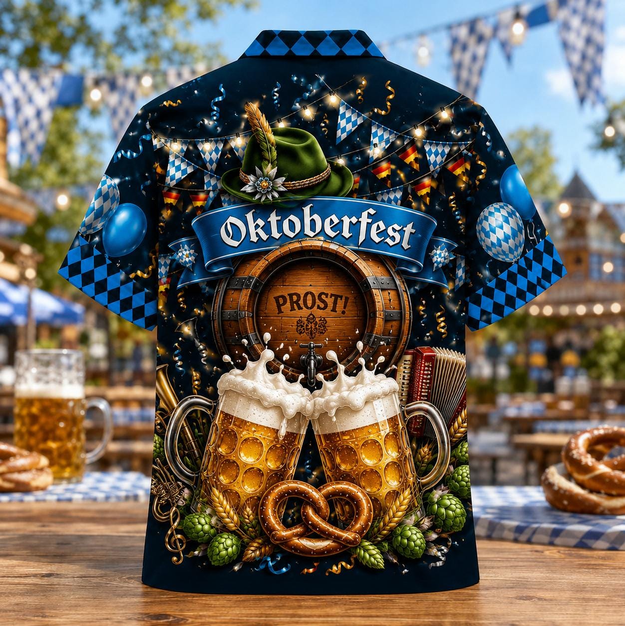 Back view of the Oktoberfest shirt showing beer mugs, a barrel, pretzels, hops and a Bavarian festival design