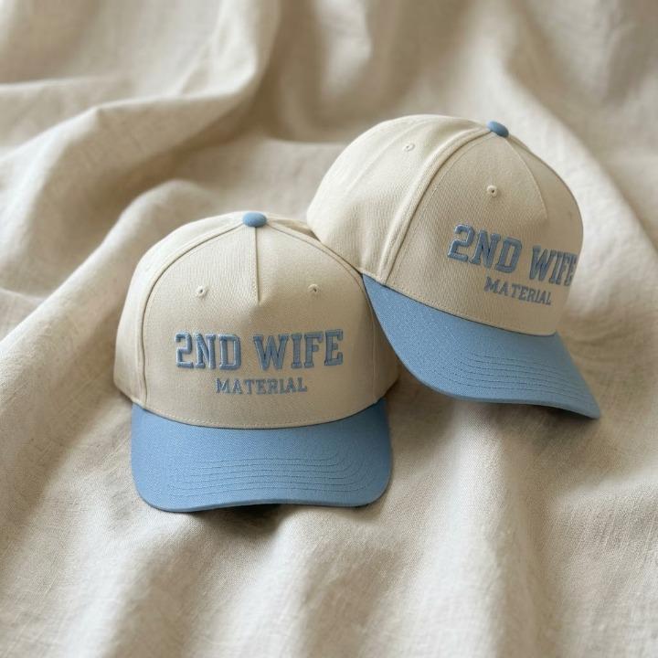 Cream and light blue two-tone hat with embroidered 2ND WIFE MATERIAL lettering
