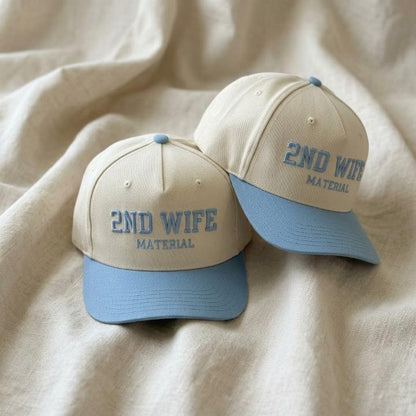 Cream and light blue two-tone hat with embroidered 2ND WIFE MATERIAL lettering