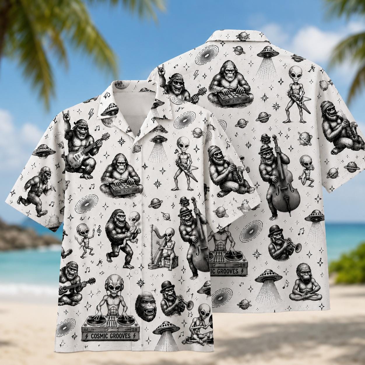 Front and back views of the Cosmic Grooves alien and gorilla Hawaiian shirt