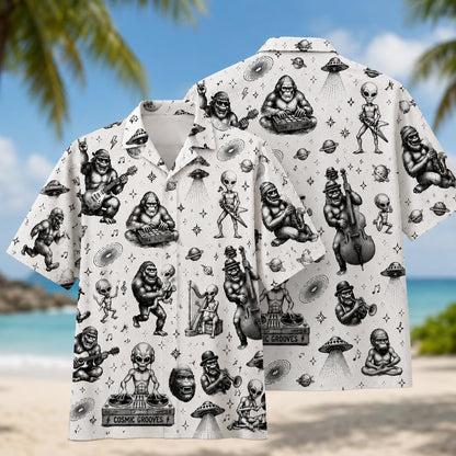 Front and back views of the Cosmic Grooves alien and gorilla Hawaiian shirt