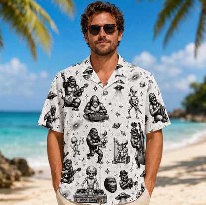 Model wearing the Cosmic Grooves alien and gorilla print Hawaiian shirt at a beach