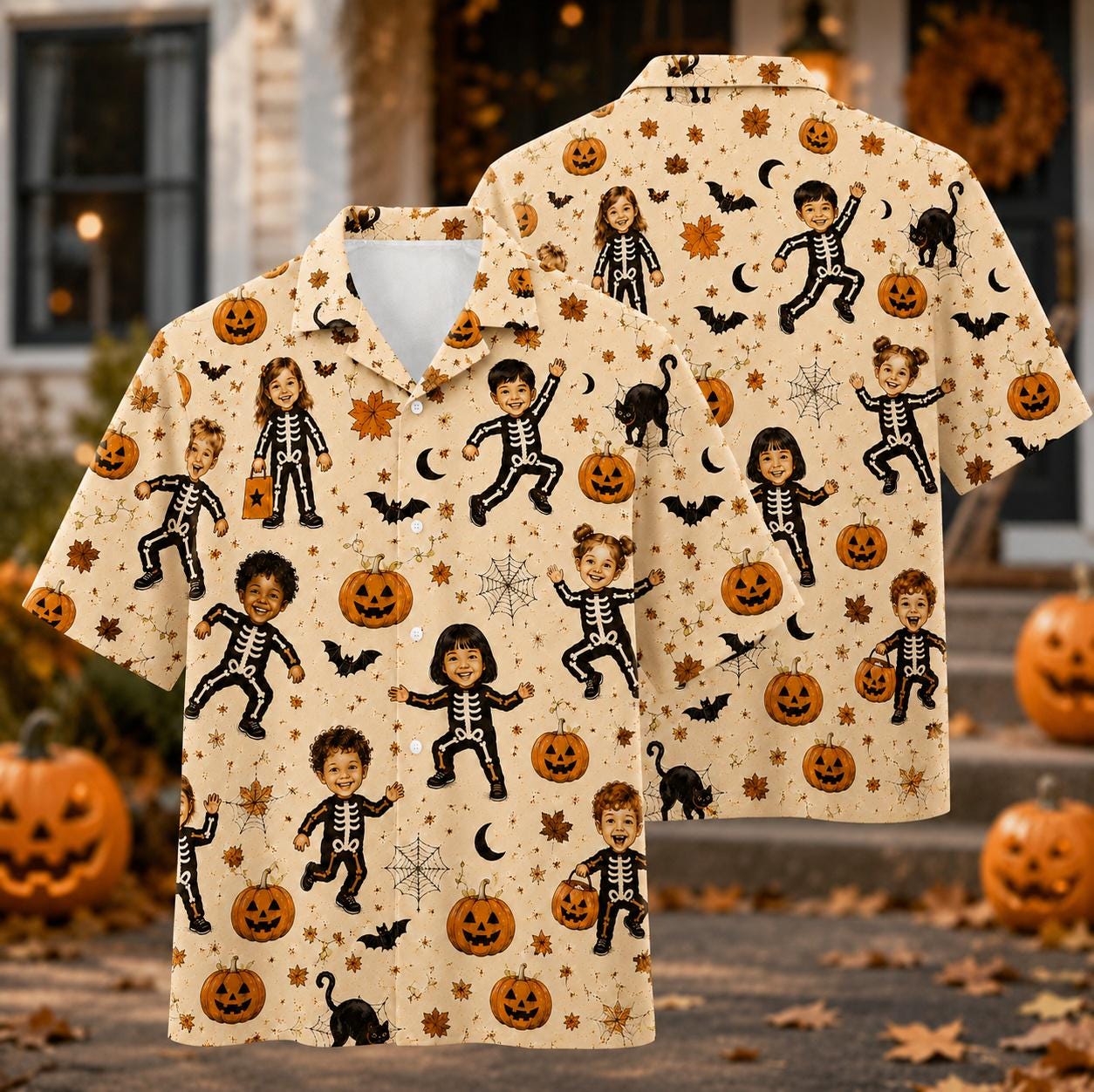 Front and back views of the matching cream Halloween Hawaiian shirt with skeleton kids and jack-o-lanterns