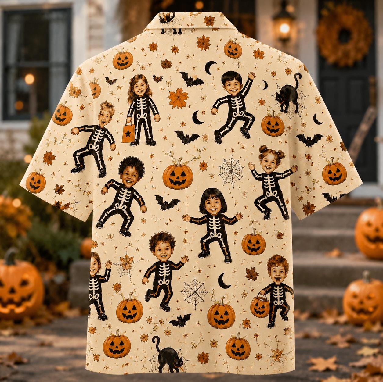 Back view of the Halloween Hawaiian shirt featuring skeleton children and an all-over pumpkin and spooky icon print