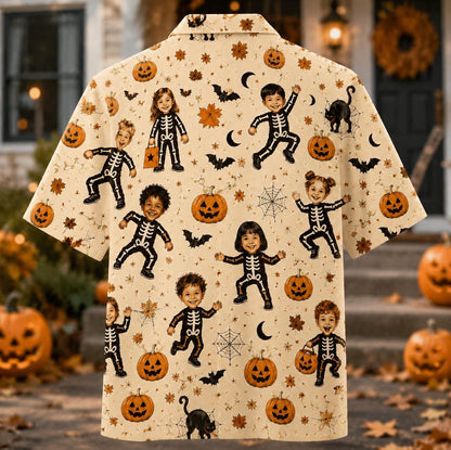 Back view of the Halloween Hawaiian shirt featuring skeleton children and an all-over pumpkin and spooky icon print
