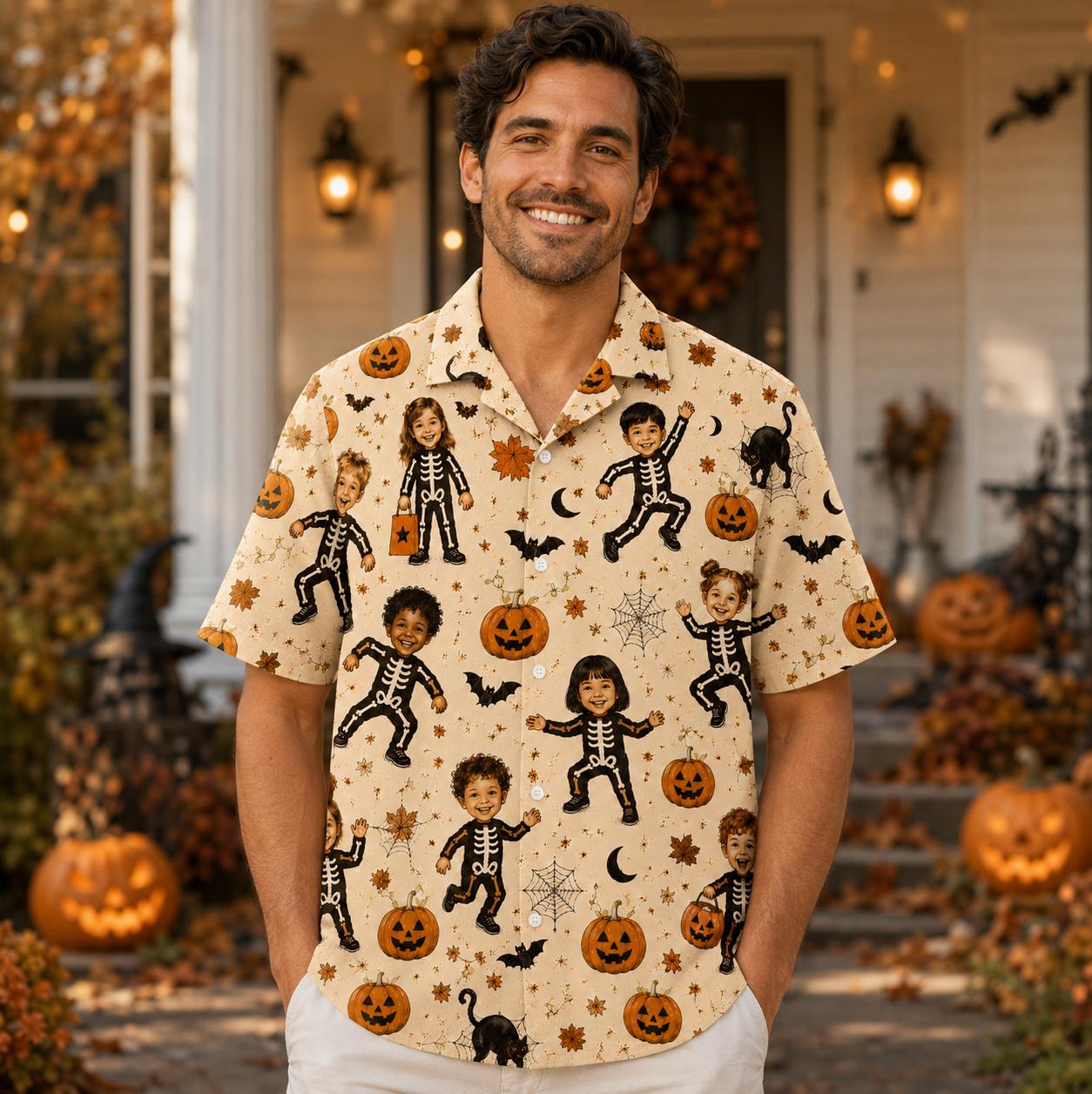 Model wearing the cream Halloween Hawaiian shirt with a playful skeleton children and pumpkin print