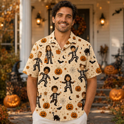 Model wearing the cream Halloween Hawaiian shirt with a playful skeleton children and pumpkin print