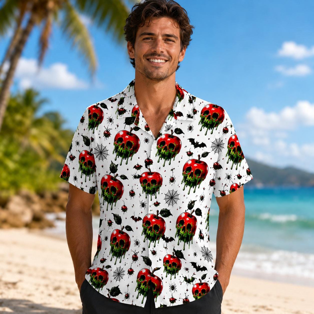 Model wearing white spooky Hawaiian shirt with skull apples at the beach