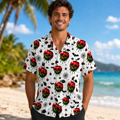 Model wearing white spooky Hawaiian shirt with skull apples at the beach