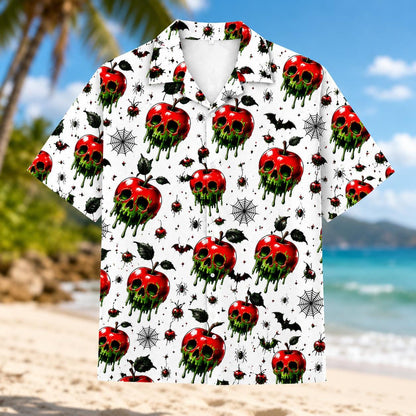 Front view of white Hawaiian shirt with dripping red skull apples, bats, spiders, and webs