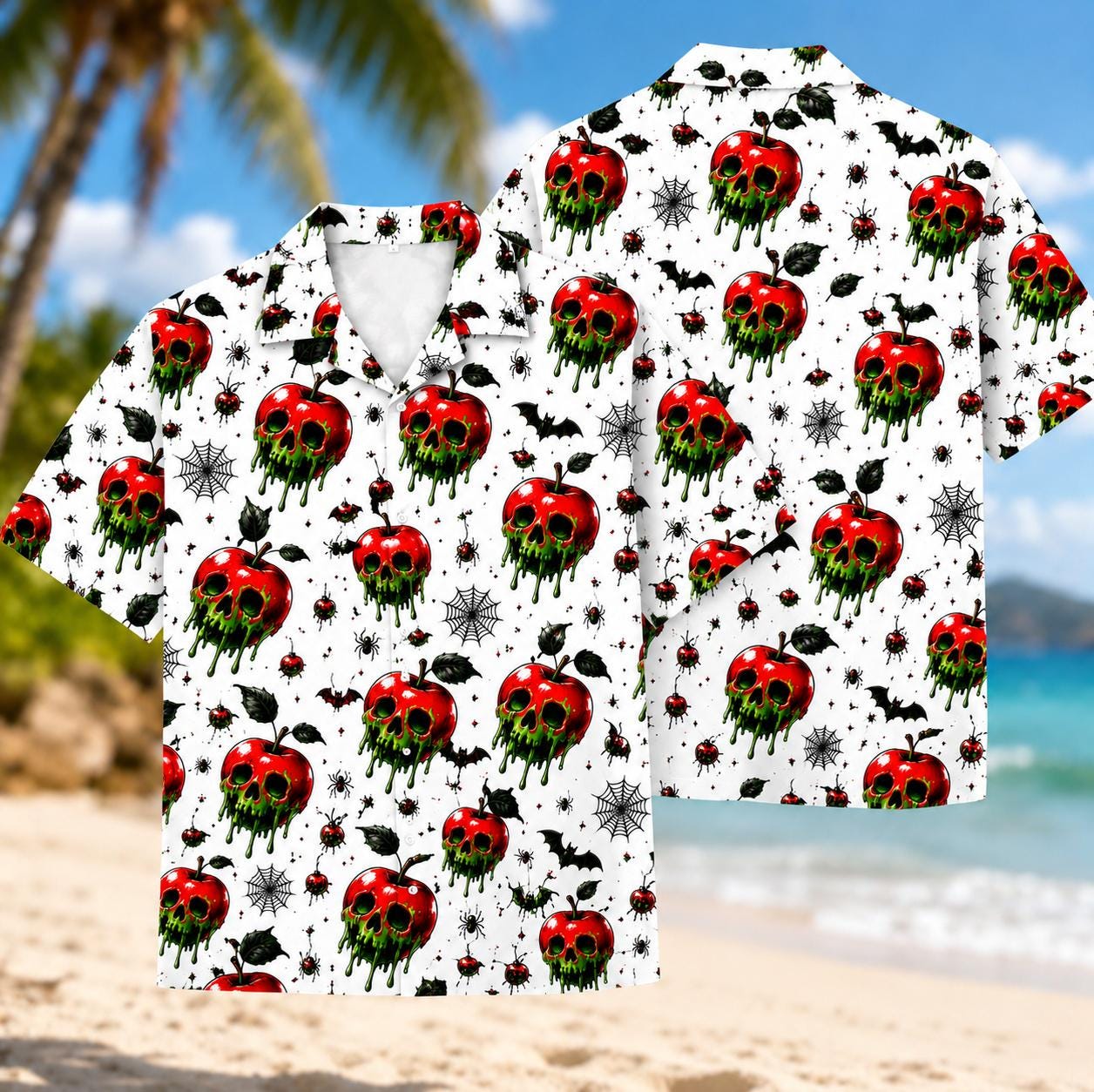 Angled view of short sleeve Hawaiian shirt with red skull apples and black bat pattern