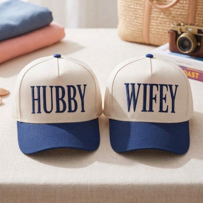 Matching navy and cream Hubby Wifey couple hats
