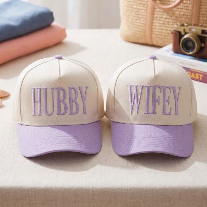 Matching lavender Hubby Wifey embroidered hats